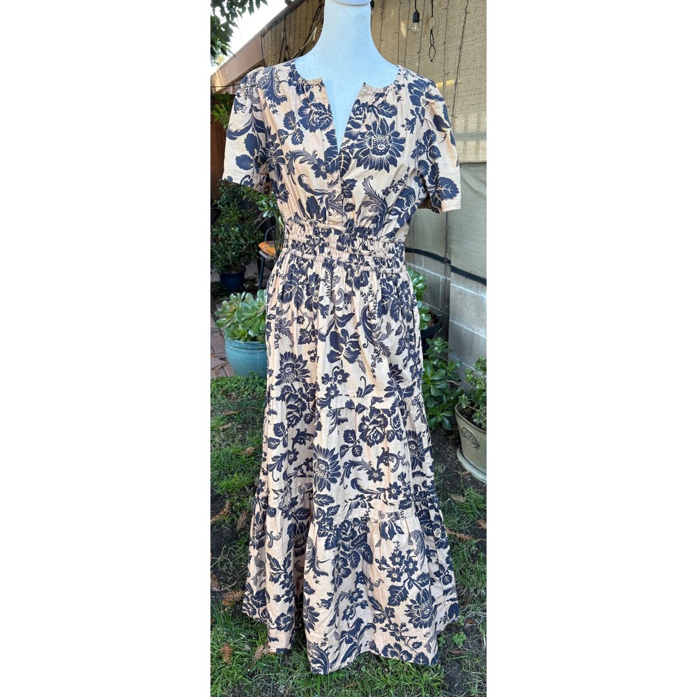 Anthropologie Somerset Cotton Maxi Dress Navy Floral Tan M